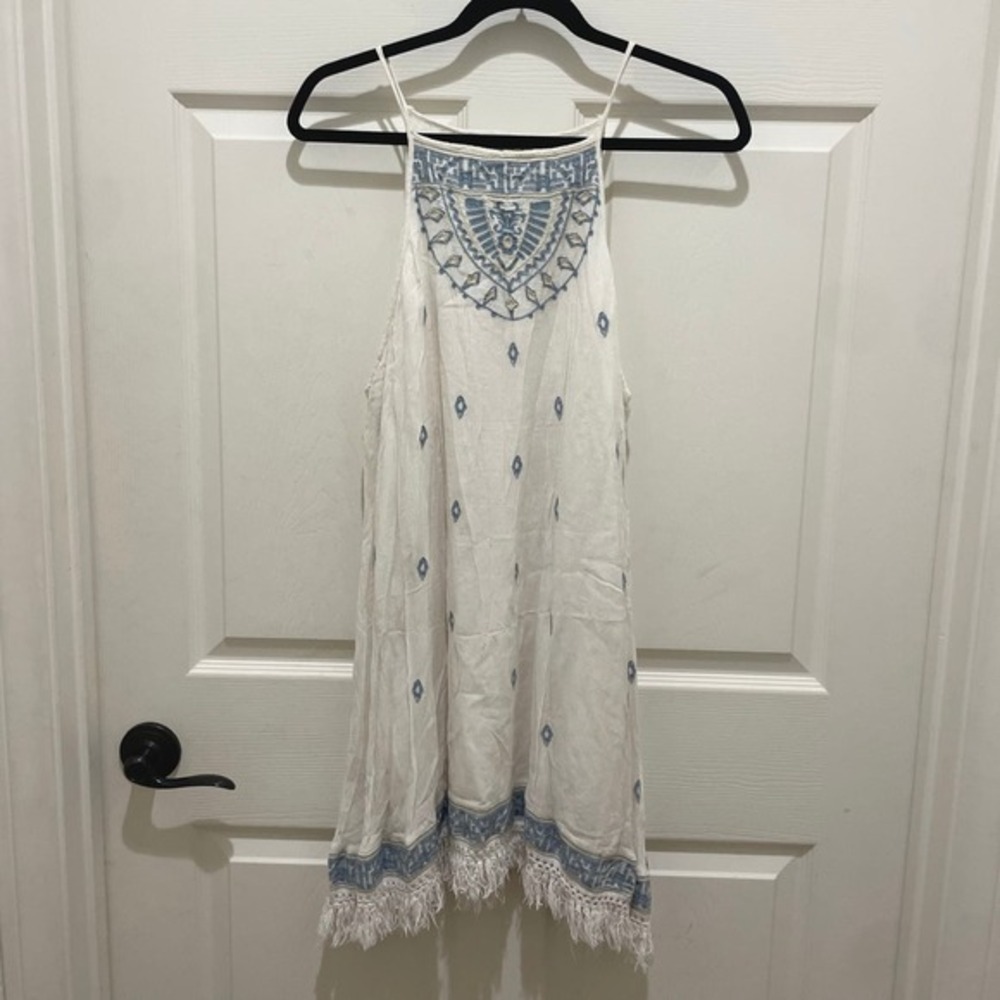 Abercrombie & Fitch White & Blue Sleeveless Fringe Aztec Mini Dress